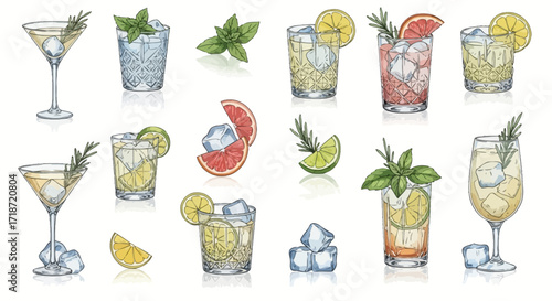 Refreshing cocktails with ice, fruits, and herbs in a vibrant watercolor style