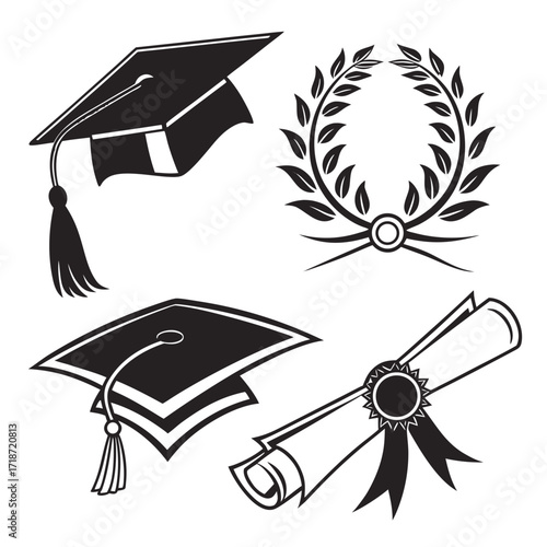 Graduation Cap Diploma and Laurel Wreath Icons scroll