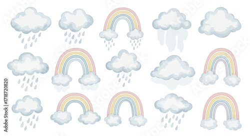 Cute Watercolor Rainbows and Clouds Clipart Collection for Designs and Decorations