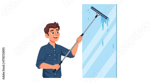 Smiling man cleaning a large window with a squeegee, illustrated in a flat style against a white background, showcasing a cool blue color palette, depicting a cleaning