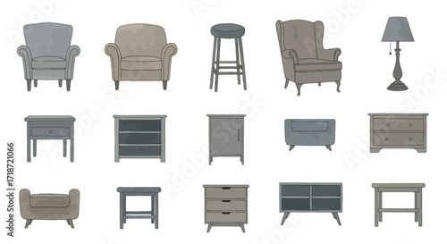 Hand-Drawn Furniture Clipart Set Armchairs, Tables, & More