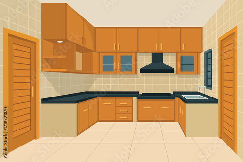 Inviting kitchen design with warm wood cabinets and sleek black countertops creates a modern cooking space