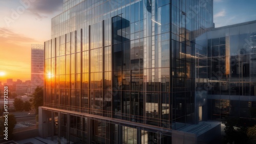 Stunning modern glass skyscraper reflecting golden sunset sky, perfect for commercial projects and innovative designs