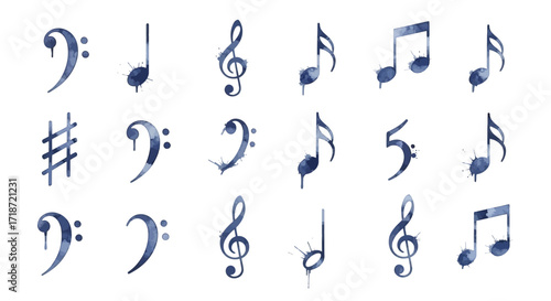 Watercolor musical notes set, treble clef, bass clef, and sharps and flats on white background