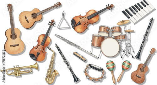 Musical Instruments Watercolor Clip Art Set Guitars, Drums, Violin, and More, Perfect for Design