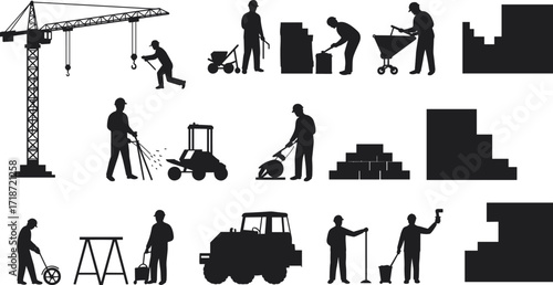 Construction Worker Silhouettes with Crane and Tools – Black and White Vector Set of Industrial Labor and Equipment