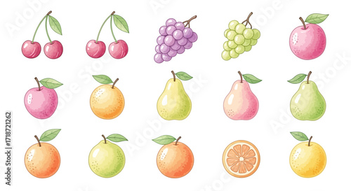 Watercolor clip art of pastel fruits including cherries, grapes, pears, and citrus on a white background