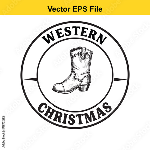 Western christmas cowboy boot emblem isolated on white background