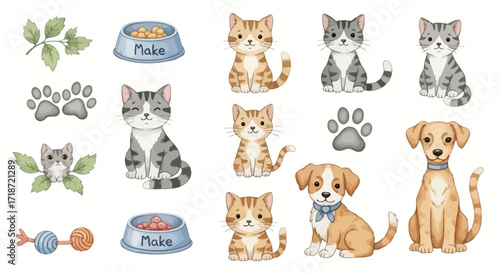 Charming watercolor clip art set featuring adorable kittens, a puppy, and various pet items