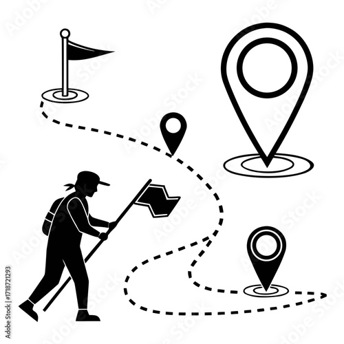 Hiker with flag and navigation icons on a route backpacker