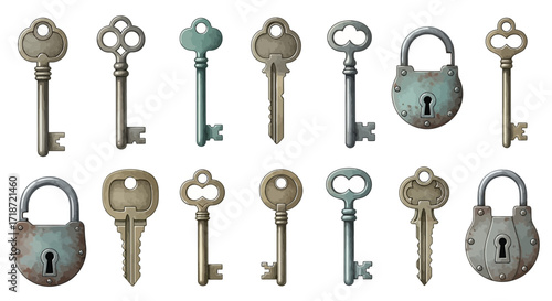 Collection of Vintage Keys and Padlocks Antique Security Watercolor Clip Art