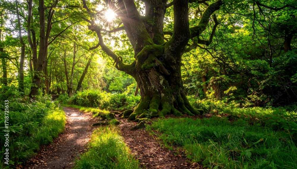 Obraz premium Lush forest path with sunlight filtering through ancient trees