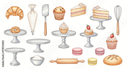 A charming watercolor set of bakery icons featuring cakes, macarons, and essential baking utensils