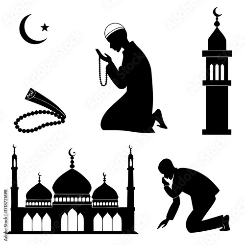 Islamic Prayer and Mosque Elements Silhouette Collection Keywords: islam, prayer, mosque, muslim