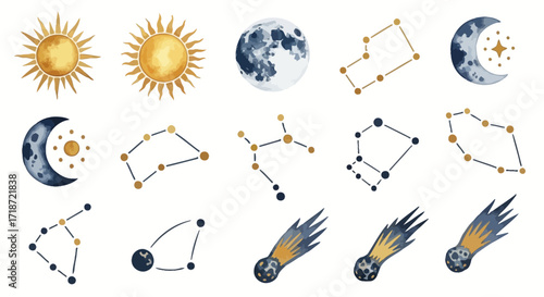 Mystical watercolor clipart set featuring celestial elements like the sun, moon, and zodiac constellations