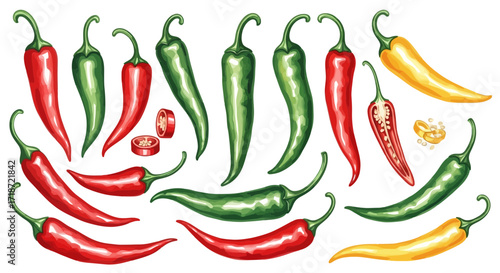 Vibrant watercolor collection of various chili peppers, a spicy food illustration set on white