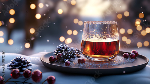 Cozy glass of aquavit sits on plate surrounded by pinecones and berries, evoking warm winter atmosphere with soft bokeh lights in background