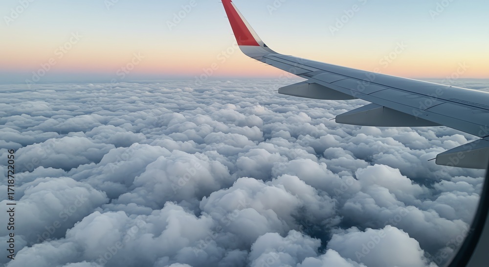 Obraz premium Airplane wing above clouds at sunset