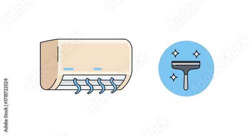 Flat-lay illustration of an air conditioner unit and cleaning squeegee, clean design, cool color palette, against a white background.