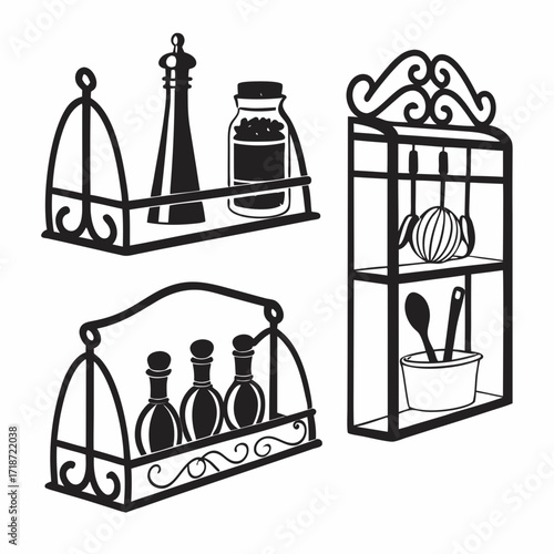 Kitchen Shelving and Condiment Silhouettes Keywords: kitchen, shelf, rack, storage, organization