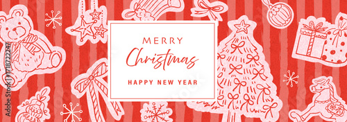 Christmas and new year cute banner template with hand drawn minImal line art. Vector file.