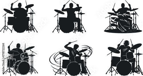 Silhouette drummer playing drums, rock band musician, percussion performance art, live concert energy, music beats illustration, artistic rhythm black design