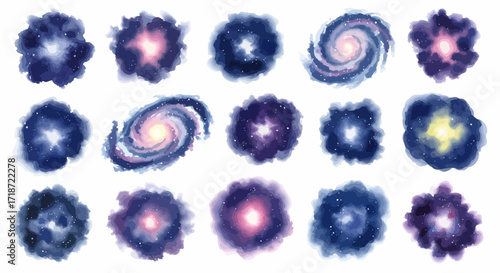 Watercolor galaxy set illustration. Collection of vibrant, nebulous space art in purple, pink, and blue hues, perfect for cosmic designs