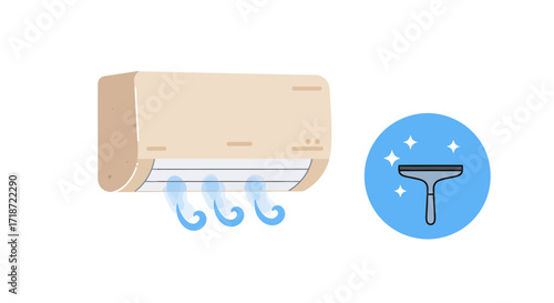 Flat lay of an air conditioner with cleaning icon and blue cleaning swirls on a white background.