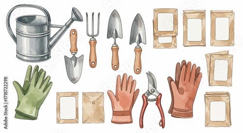 Watercolor Gardening Tools & Seed Packets Clipart Set