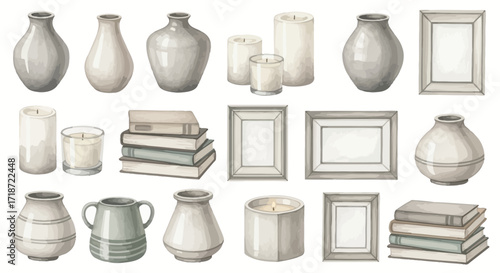 Watercolor clipart collection of cozy home interior decor elements like vases, books, and candles