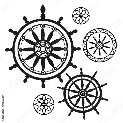 Nautical Themed Symbols Including Ship Wheels and Mandalas