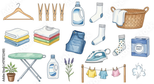 Watercolor Laundry Day Essentials Collection Household Chores and Clothing Care Items Illustration Set