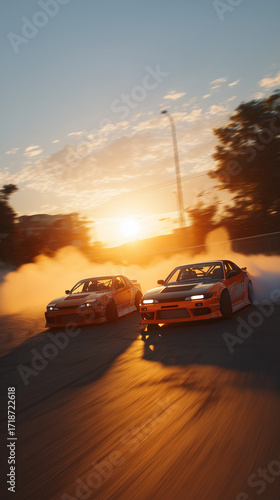 Drifting, street racing cars drifting on sunset track 
