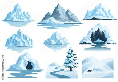 9 vector elements depicting icysnowy landscapes icebergs mountains cave snowy terrain  tree