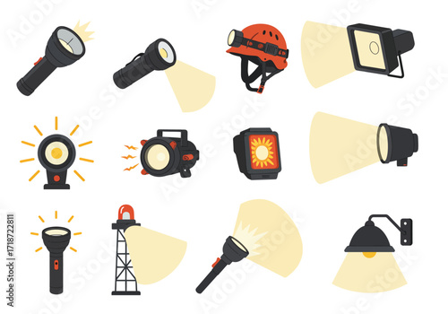 A collection of various light sources including flashlights headlamps spotlights and wall lights