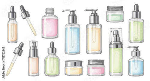 Watercolor clip art set of various cosmetic skincare bottles and jars with soft pastel shading for beauty product illustrations