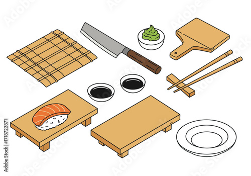 A sushi set with fish knife sauces chopsticks and place settings arranged on a white background