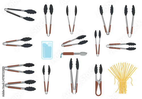 A variety of tongs a glass of water and a bundle of spaghetti