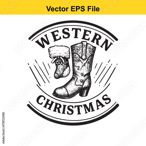Western christmas cowboy boot and stocking isolated on white background