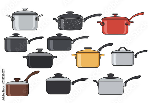 An array of colorful cooking pots each with a lid and a handle