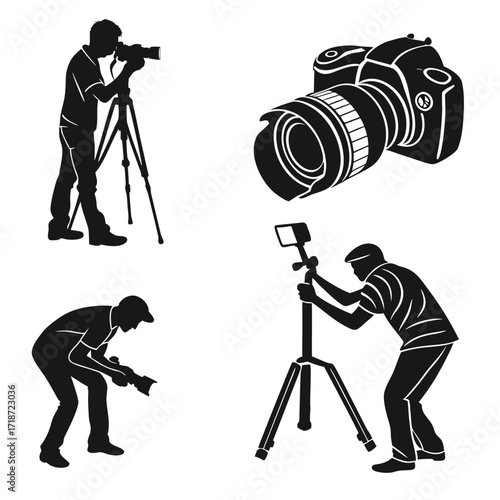 Photographers Silhouettes with Cameras and Tripods