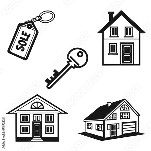Real Estate Icons With Houses Keys And Sale Tags Keywords: real estate, house, home, property