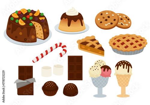 An assortment of desserts including cake pie chocolate ice cream cookies candy cane and marshmallows all illustrated