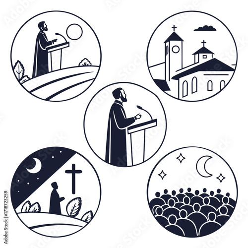 Religious Sermon Icons Set Keywords: religion, sermon, preacher, church, cross, prayer, faith