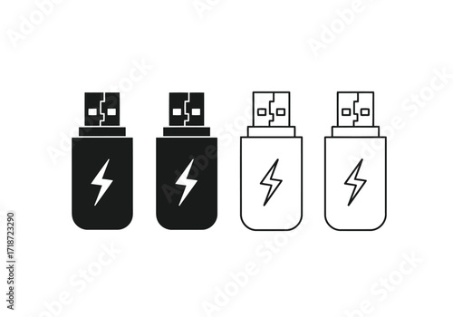 Vector illustration of illustration of set of usb flash drives with lightning bolt symbol