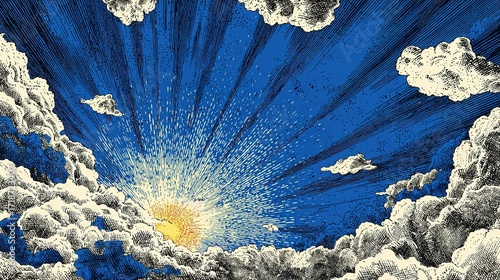 Sunburst shining through clouds against a blue sky illustration.
