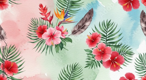 Watercolor Tropical Floral Pattern with Hibiscus Feathers and Leaves.