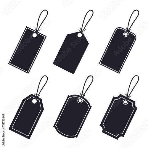 Set Of Six Black Blank Price Tags With White Outlines