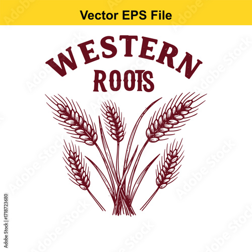 Western roots text with wheat ears, isolated on white background