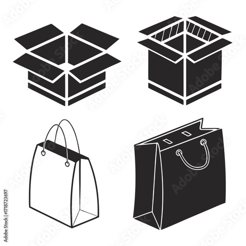Shopping Bags and Open Cardboard Boxes Icons paper bag